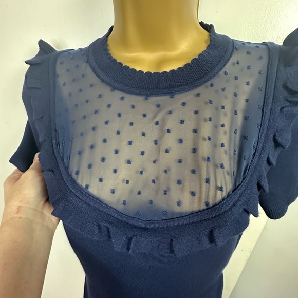 Draper James Ruffle Sheer Yoke Viscose A Line Sweater Dress Nassau Blue NWOT XS - Picture 10 of 16
